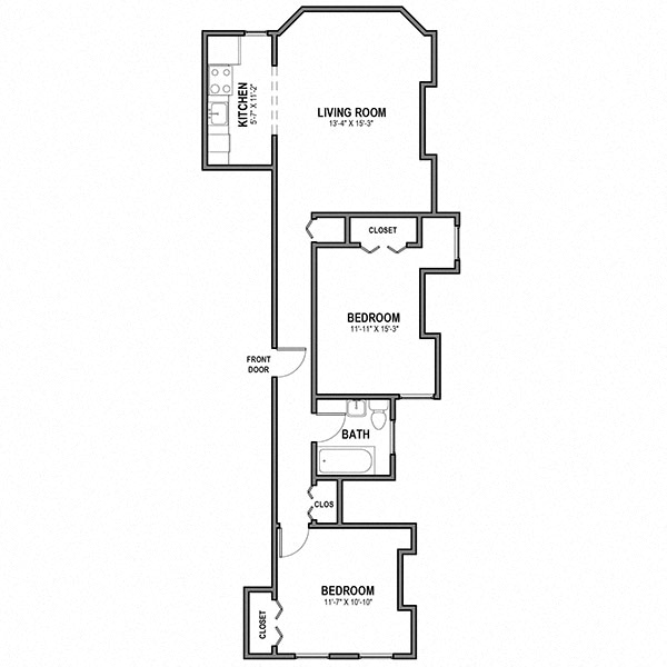 Floor plan for 2 beds, 1 bath, 662 sqft